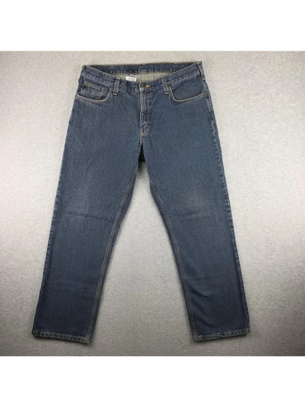 Carhartt Jeans Mens 36x32 Relaxed Straight Blue Denim Logo Patch Medium Wash